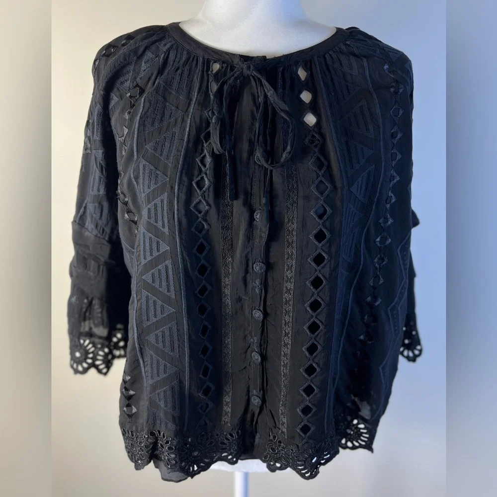 Johnny Was Black Ari Eyelet Blouse, XS with Black Lace Slip Cami, Size M, NWT - Picture 2 of 16